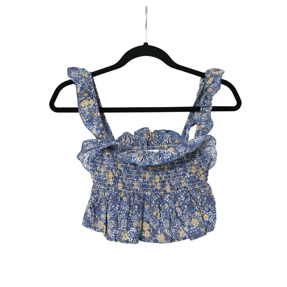 Natural Life Angelina Blue Ditsy Floral Smocked Ruffle Crop Top XS Boho Retro